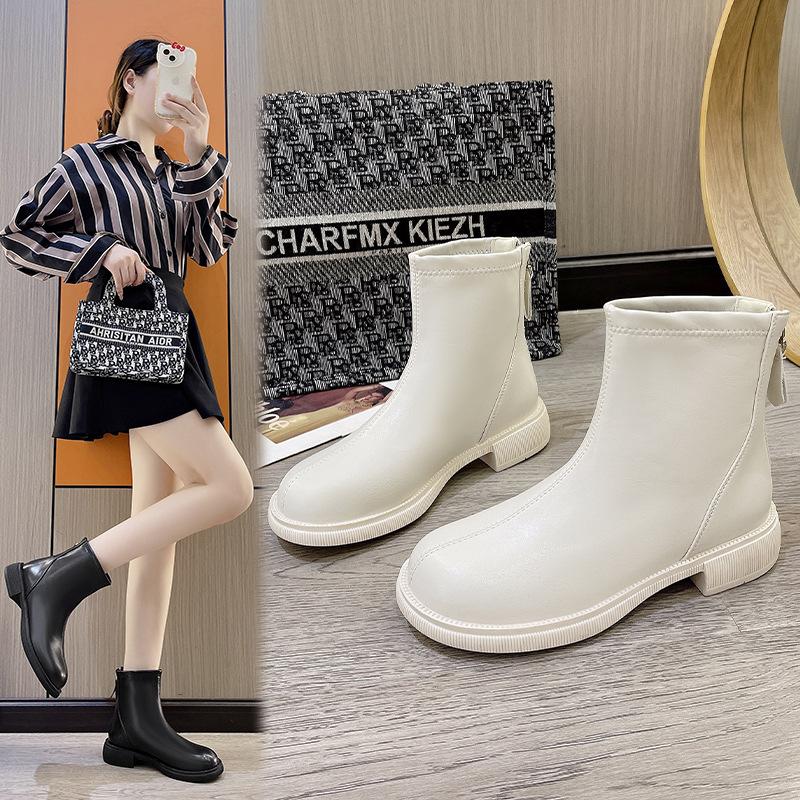 Short boots women's 2025 new Martin boots women's autumn and winter Chelsea single boots white with rear zipper white thin boots