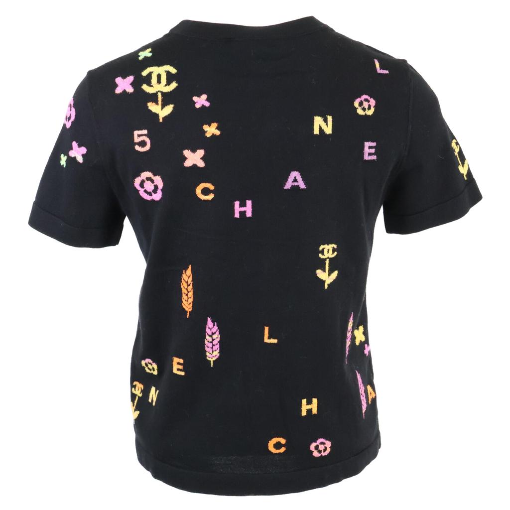 CHANEL Good condition, genuine Japanese product, P72160K10373, 22P, multi-logo icon cotton knit T-shirt tops 34 blackUsed