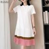 ZANZEA Vestido Casual Feminino de Verão com Gola Redonda e Manga Curta Plissado