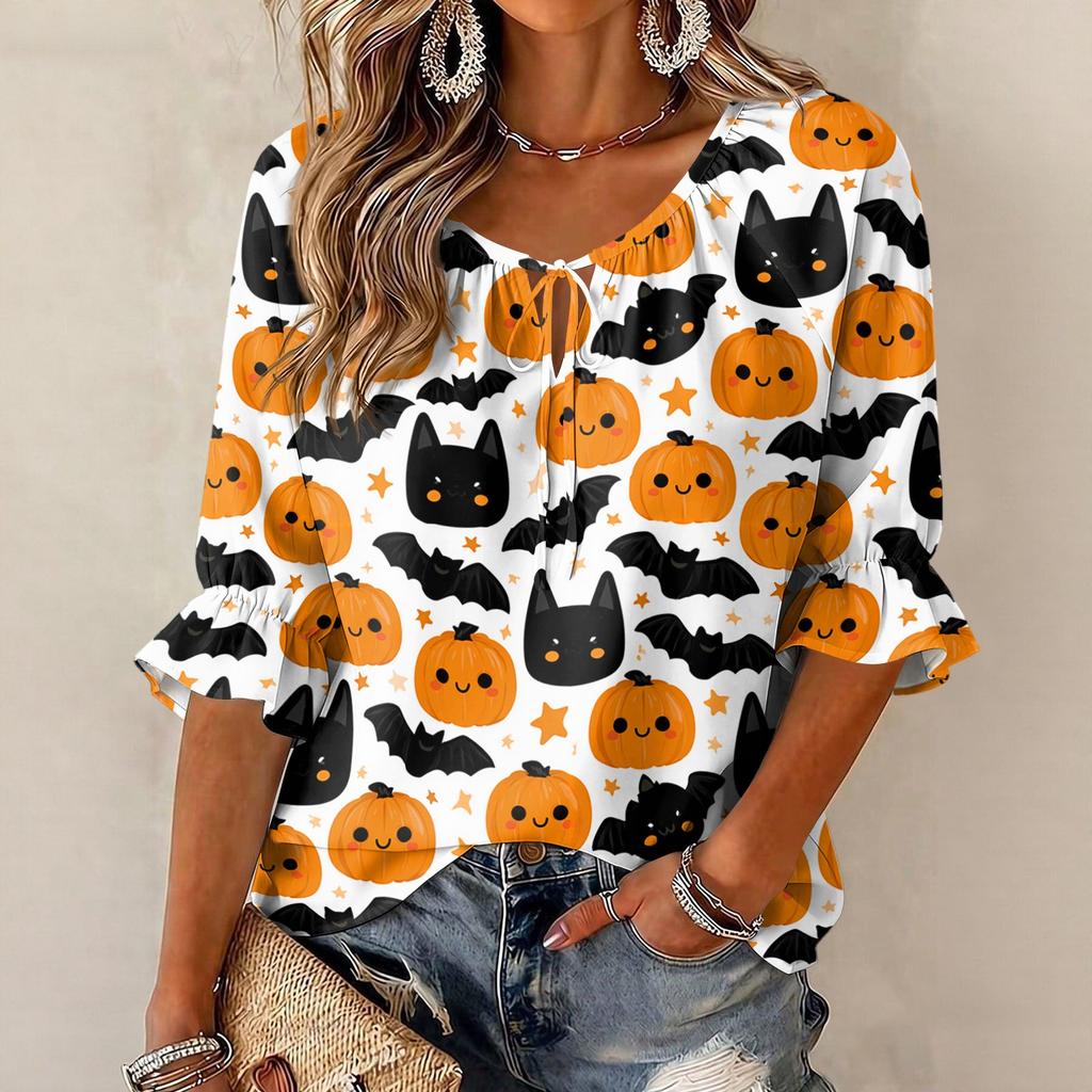 Women's Halloween Print Round Neck Tie Front Ruffle Blouse Three-Quarter Sleeves