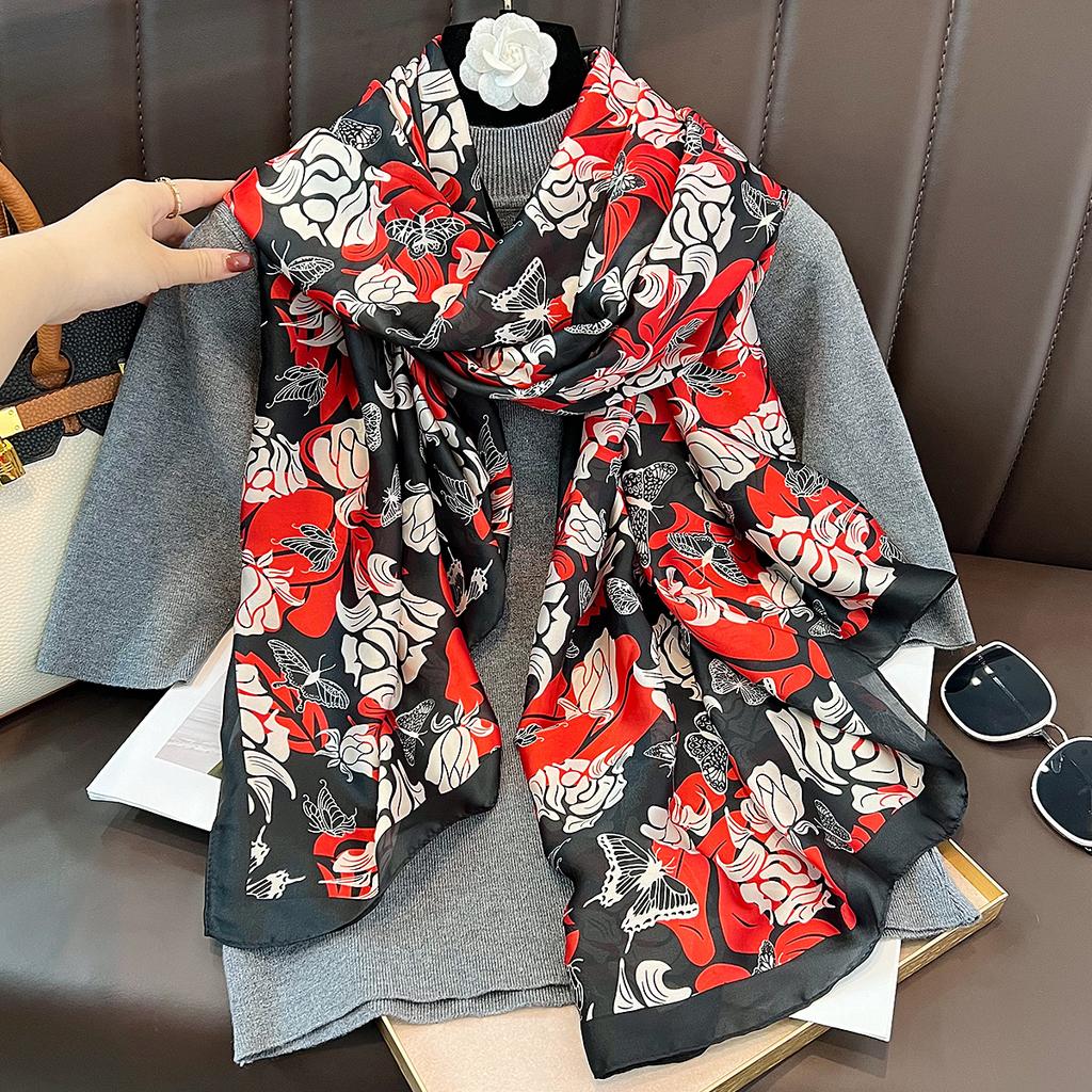 New floral silk scarves for women's summer travel, thin sunscreen silk scarves, holiday gifts for elders
