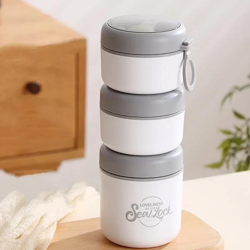 Stainless steel 3-layer Soup Cup Lunch Container Set 3 Separate Stackable Lunch Box with Spoon Food Containers for Adults Kids