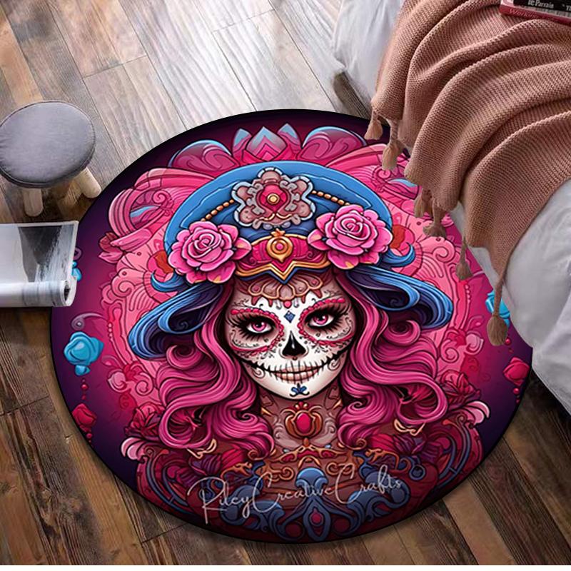 1Pc Day of the Dead Skull Circular Print Rug - Home Decoration Carpet For Living Room Bedroom Flooring Computer Chair Area Rug