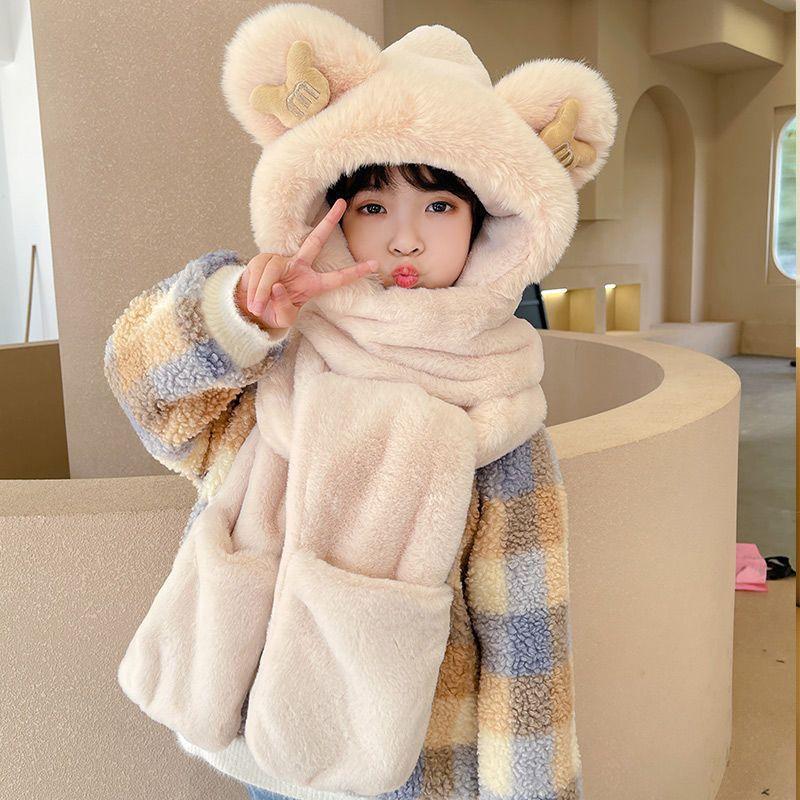 Winter Warm Plush Bear Hat Scarf Gloves Hat Plush Thickened Three-piece Set Scarf Integrated