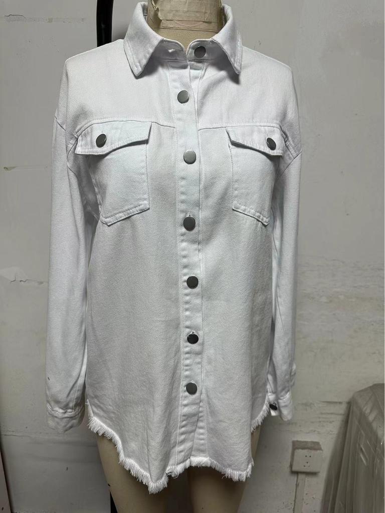 Women's Cross-Border Washed Denim Shirt Jacket - European & American Autumn/Winter Street Style with Frayed Hem