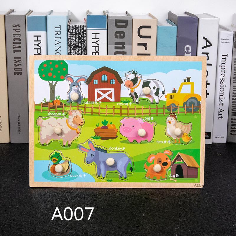 Non-Toxic Montessori Wooden Puzzles Hand Grab Boards Toys Tangram Jigsaw Baby Educational Toys Cartoon Vehicle Animals Fruits 3D Puzzles