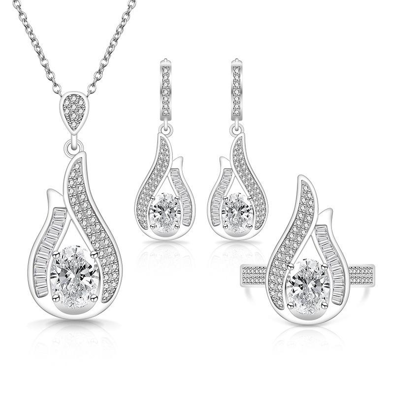 Color Treasure Super Flash Gem Water Drop Zircon Set European and American Necklace Earrings Ring Ring Size:Adjustable