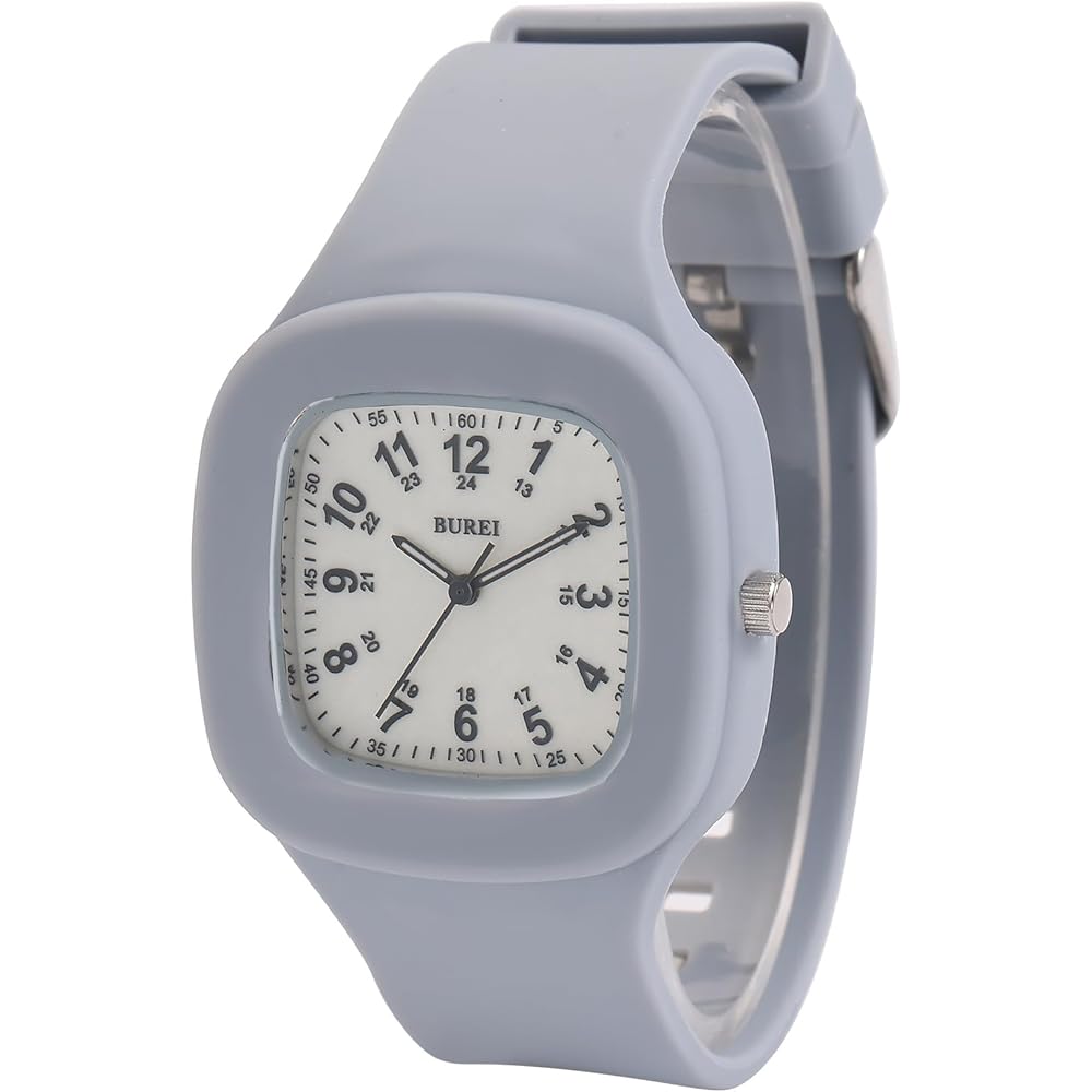 BUREI Women s Analog Quartz Watch Waterproof Luminous Square Dial Silicone Band Gray