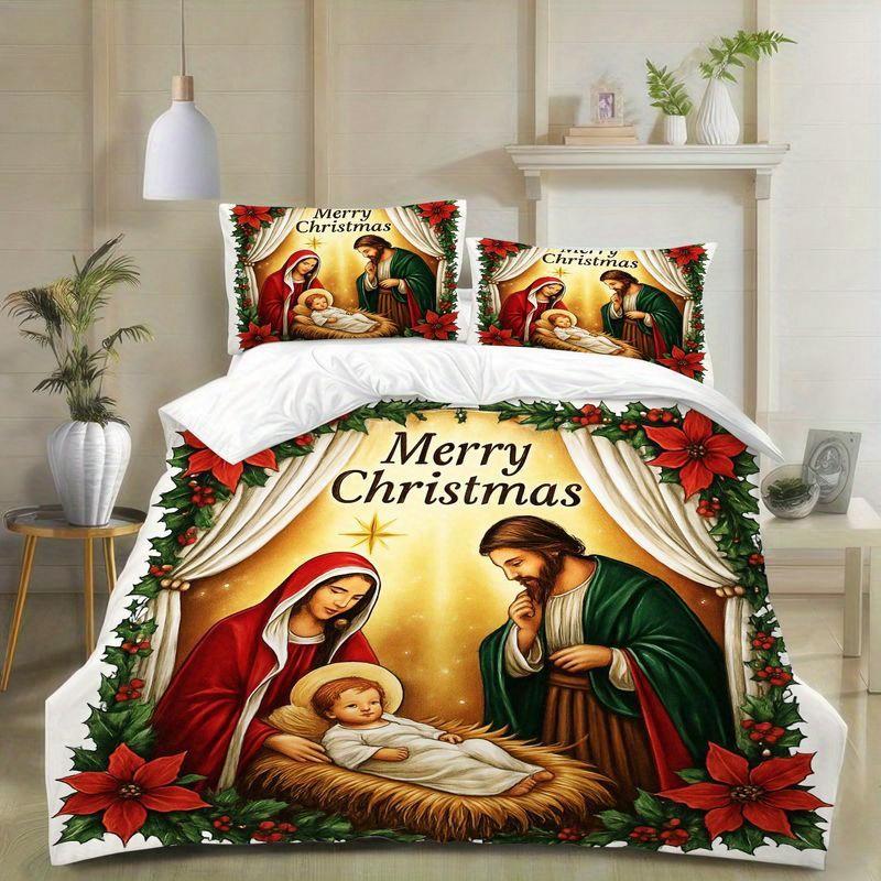 3pcs Nativity Scene Christmas Bedding Holy Family Jesus Mary Joseph Design Duvet Cover Religious Holiday Bedroom Decoration