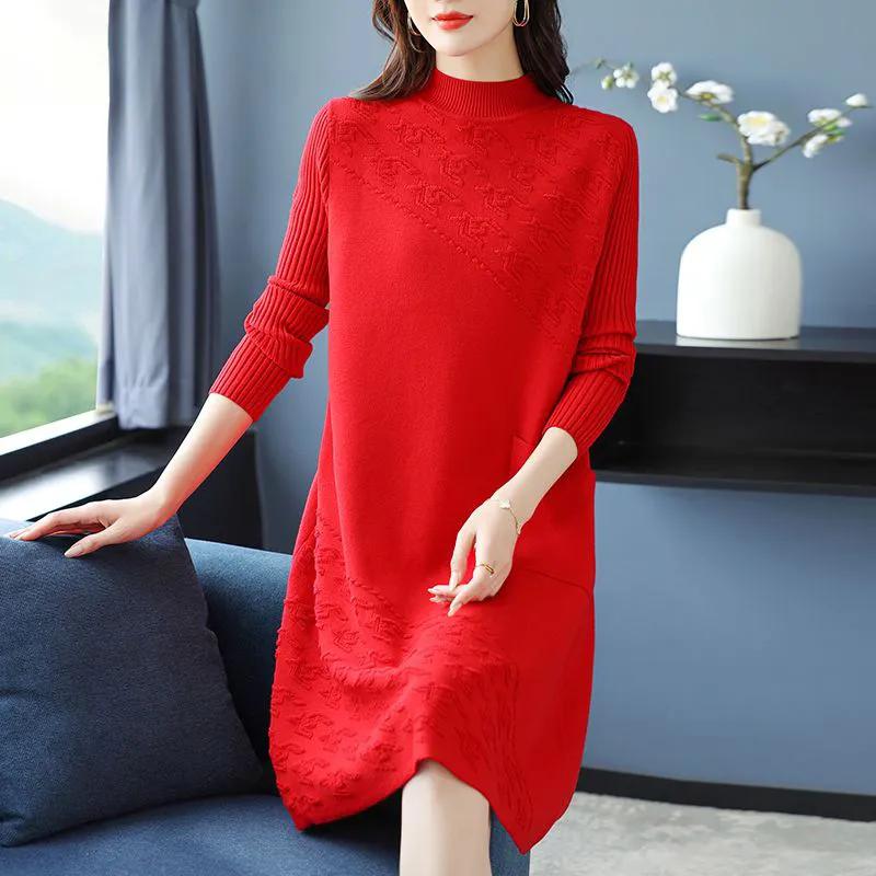 Herbst und Winter Damen Western Stil Kleid lang über dem Knie Herbst und Winter bedecken Bauch dünnen Pullover Rock Bottoming Shirt