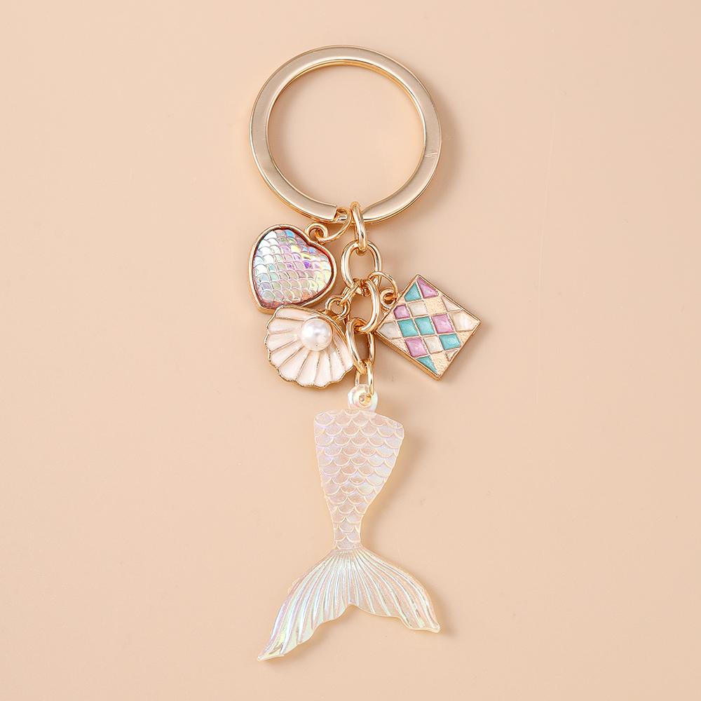Summer Beach Mermaid Shell Starfish Keychain Women Girls Pearl Love Heart Key Ring Pendants for Handbag Decor DIY Jewelry Gifts