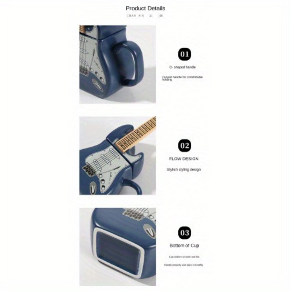 Electric Guitar Shaped Ceramic Mug with Music Notes , 3D Novelty Coffee Cup for Music Lovers, Vibrant Red/Blue Design, Durable Gift for Musicians,