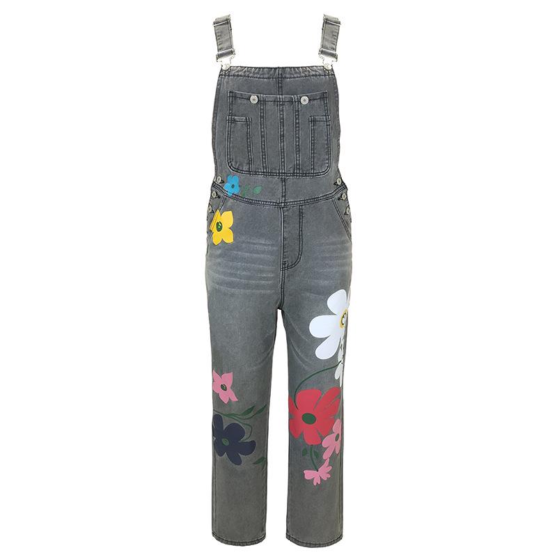 

2025 Hot-Selling Washed Cotton-Polyester Printed Dungarees with Non-Stretch Straps and Long Pants 4XL черный серый
