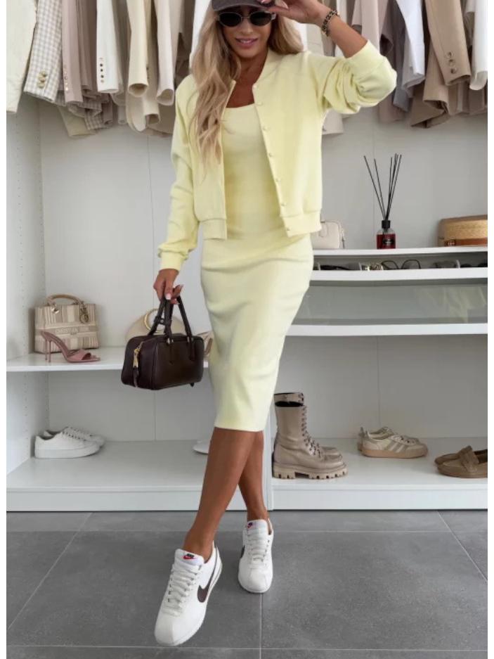Summer Solid Color Two-Piece Set: Spaghetti Strap Dress with Cardigan