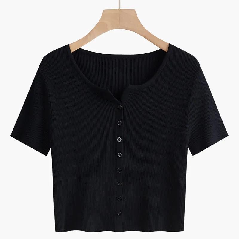 V-neck Short-sleeved Knitted Cardigan Thin T-shirt Women's Slim Short Tops