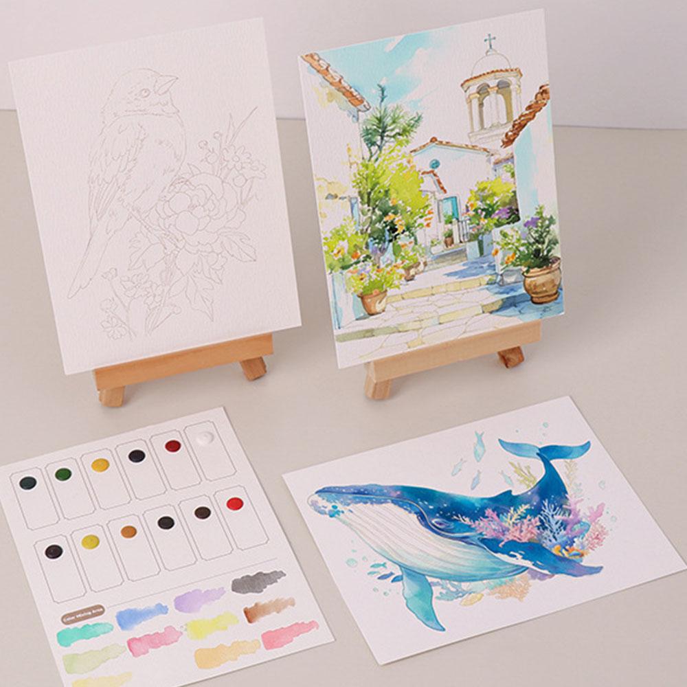 Watercolor Coloring Book Kit Pre Printed Papers for Draw Beginners Adults Stress Relief Anxiety Reduction Art Therapy Craft Set