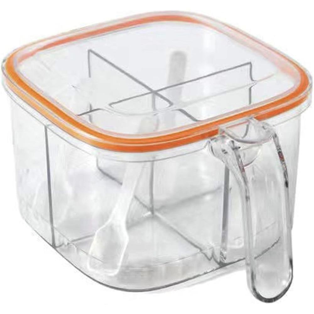 1PC Clear Plastic 4 Compartments Seasoning Box with Spoon and Lid Home Kitchen Condiment Jar Spice Container Spice Salt Canister