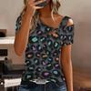 T-shirt da Donna Splicing Stampa Leopardo Spalle Scoperte Manica Corta Taglio Irregolare Scollo Cutout Blusa Top Casual Estiva