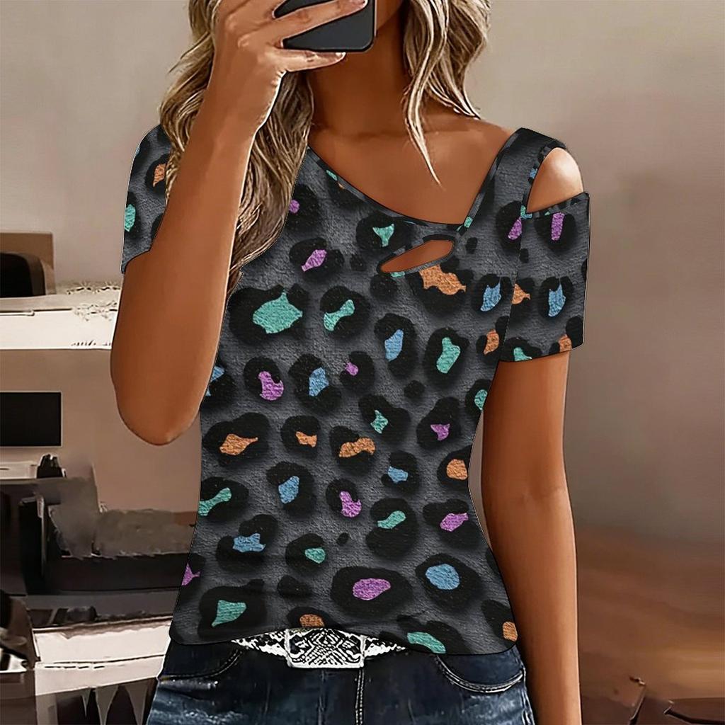 T-shirt da Donna Splicing Stampa Leopardo Spalle Scoperte Manica Corta Taglio Irregolare Scollo Cutout Blusa Top Casual Estiva
