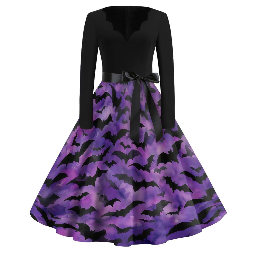 Womens Halloween Printed Size Dress Crew Neck Long Sleeve Vintage Swing Dress with Belt Pocket Free Design