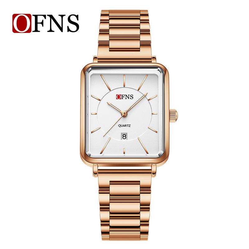 OFNS Women's Retro Square Watch – French Design, Simple Bar Markers, Business Style, Calendar, Waterproof, Quartz Movement.