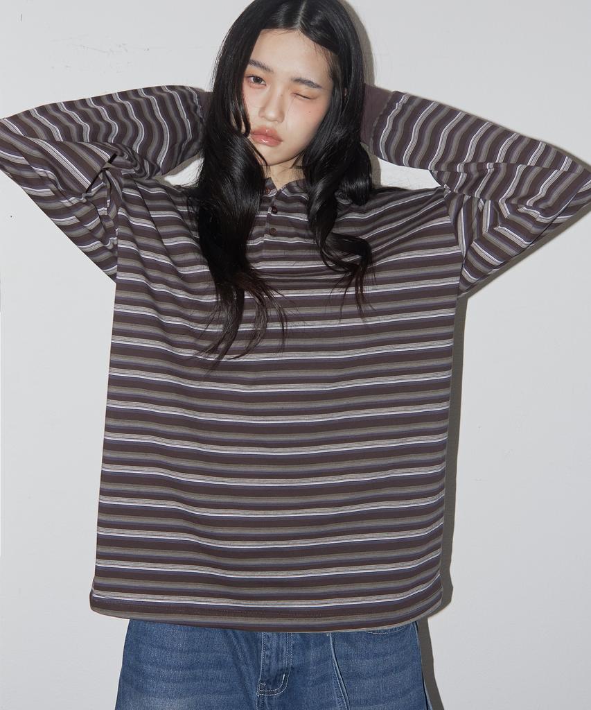 SOME PLACE Striped Multi-Stripe Oversized Long Sleeve Collared T-Shirt _2 Colors