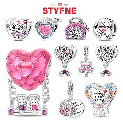Silver S925 Sisters Series Pink Heart Charm Forever Love Beads Fit Original Bracelet Diy Fine Jewelry Gifts for Women