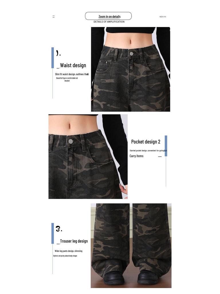 Jeans Denim Mimetici Retro Americani da Donna - Autunno 2025 Slim Fit, Dritti Larghi, Casual a Gamba Larga, Pantaloni Lunghi fino a Terra