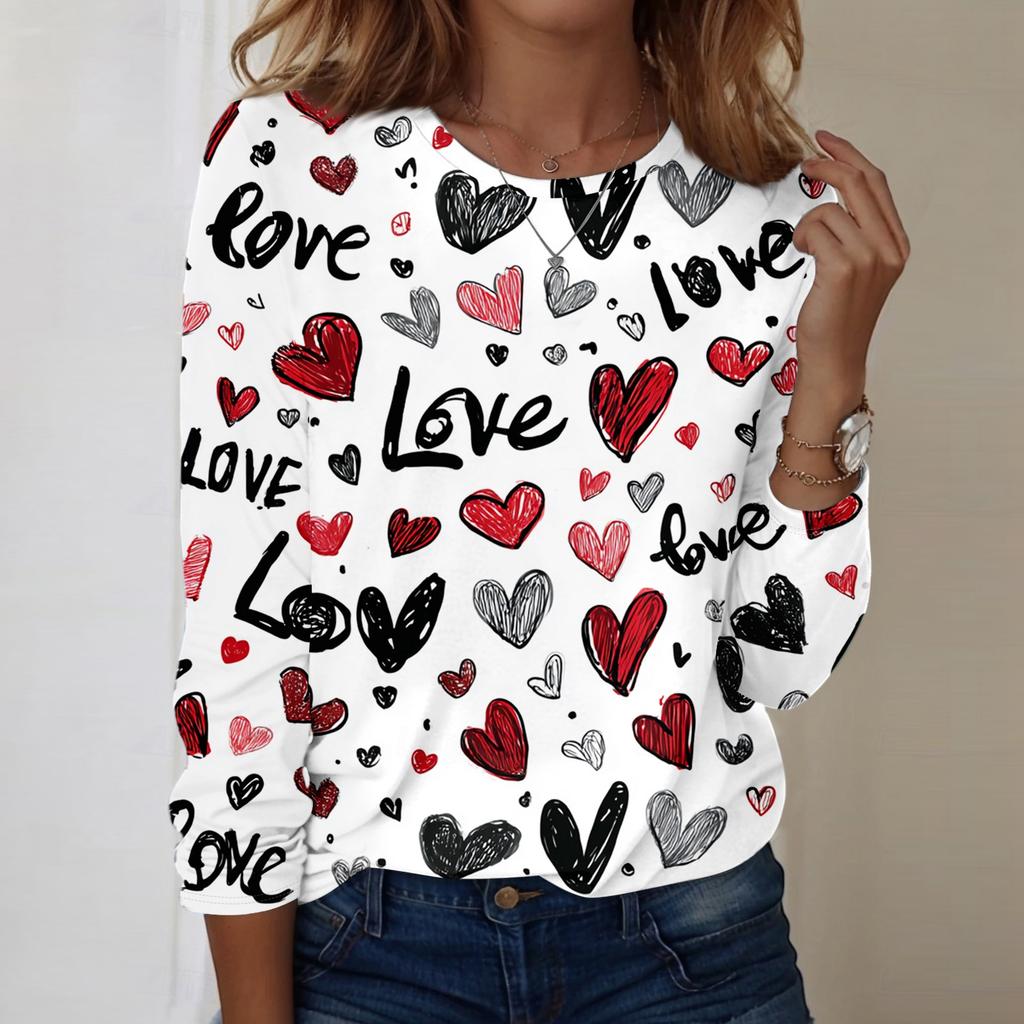 Women's Heart,shaped Printed Round,neck Loose Long,sleeved Top