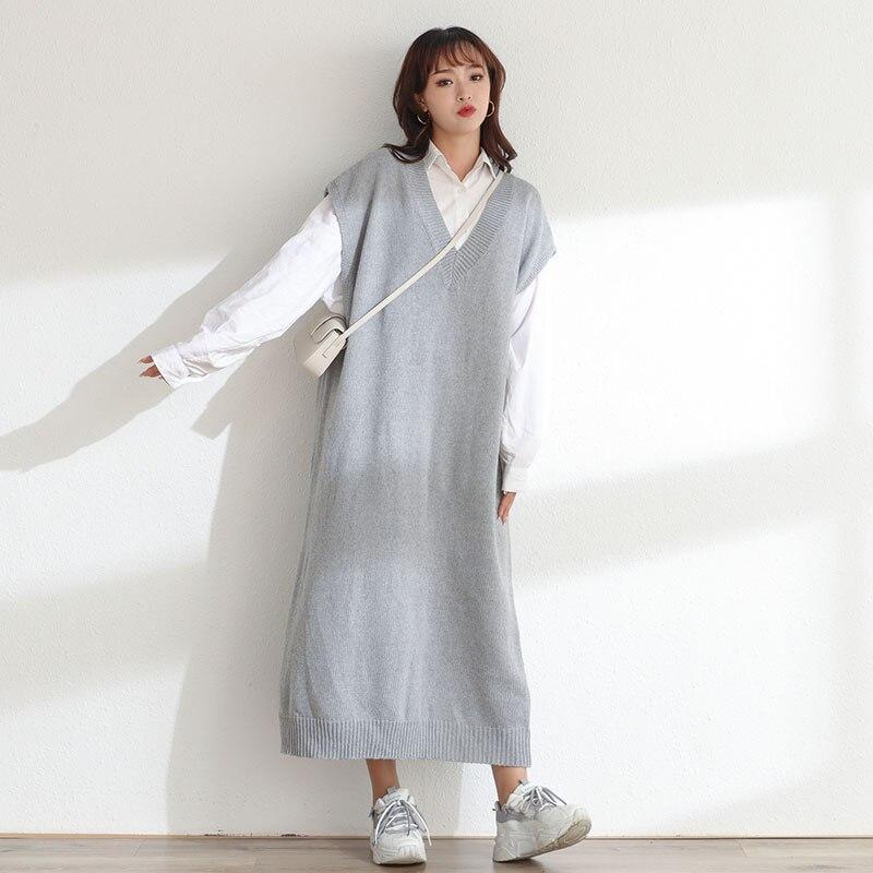 DIMANAF Dames Trui Jurk Winter Herfst Oversize Nieuw Breien Mouwloos Vest V-hals Vrouwelijk Basic Effen Losse Trui