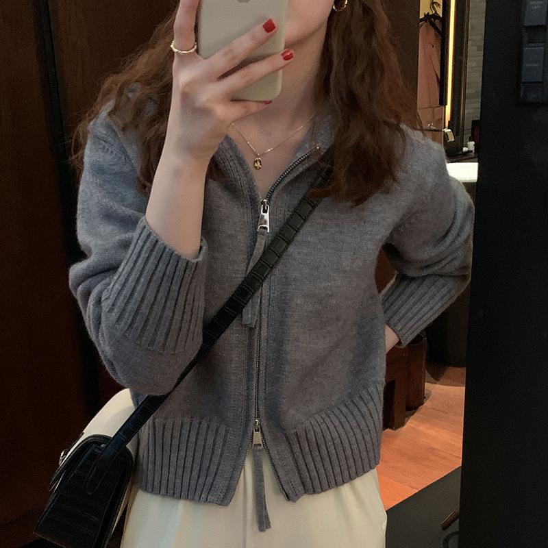 Damski krótki kardigan z kapturem, wiosna i jesień, nowy styl, luźny, podwójny zamek błyskawiczny, dzianinowy sweter