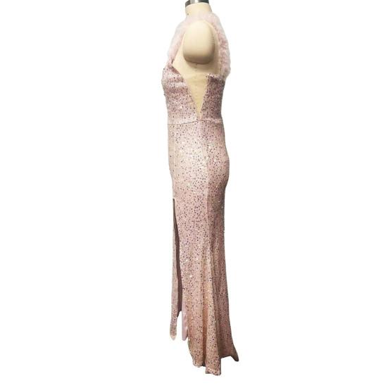 Women's Sexy Sequin Feather Prom Dress Sleeveless High Slit Deep V Neck Formal Evening Gown Sparkly Masquerade Ball Maxi Dress