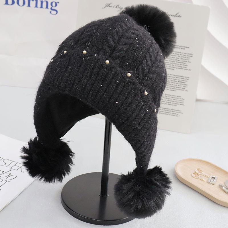 Fleece Kaninchenfell Gestrickte Thermomütze Damen Herbst und Winter Mode Pompon Ohrenschützer Wolle Pullovermütze