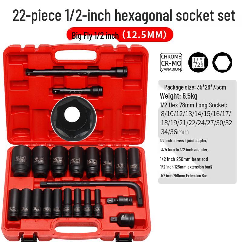 22-Piece Long Hex Socket Set, 12-Point Pneumatic, Thickened, Extended for Auto Repair & Maintenance.