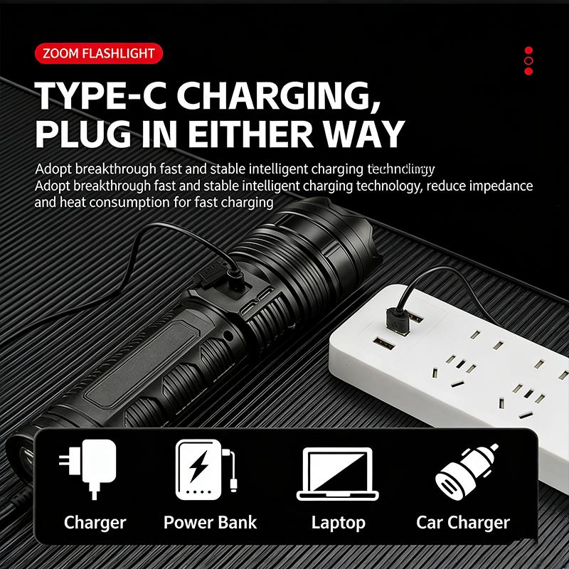 Strong Flashlight USB Type-C Rechargeable Outdoor Lighting Side Light Battery Display Large Capacity ABS Burst Flash Zoom