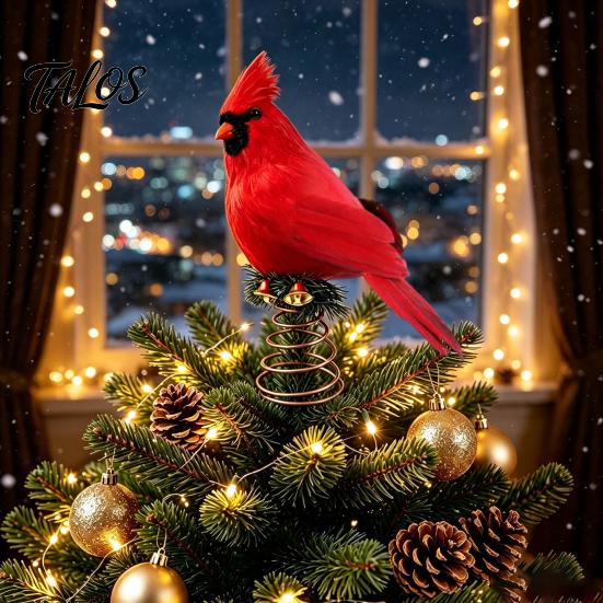 Reusable Artificial Feather Birds 12 Inch Red Bird Christmas Tree Topper, Feathered Ornament for Holiday with Metal Spring Base, Winter Wedding