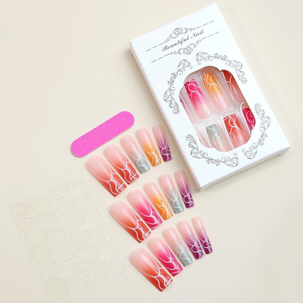 

XXL Набор накладных ногтей «Радужная волна» с цветовыми блоками - Очень длинные, съемные, молодежная мода.