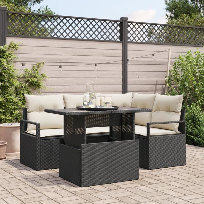 Ensemble de 5 Pièces de Canapé de Jardin avec Coussins en Rattan Poly Noir, Canapé de Jardin 2 Places avec Rangement 3357550