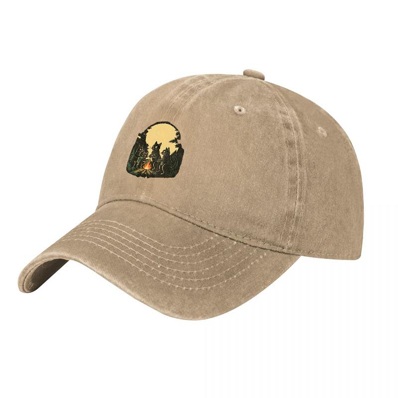 Campfire Night Washed Canvas Baseball Cap Forest Scene Embroidery Hat for Outdoor Nature Lovers