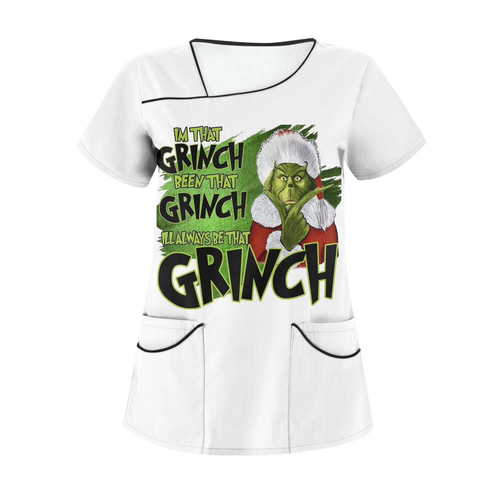 

Женская повседневная рабочая одежда с короткими рукавами с рождественским мультяшным принтом и верхом с двойными карманами XL белый