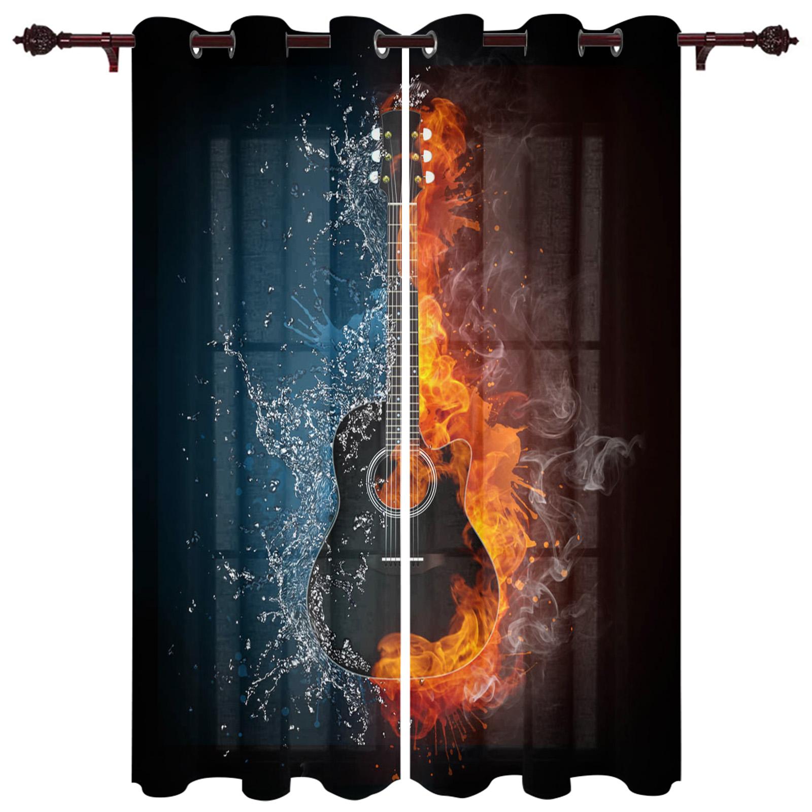 Scène Musicale Haut-parleur Guitare Rideaux Fenêtre pour Espace Salon Fenêtre Chambre à Coucher Traitements Fenêtre Rideaux Ménagers Cuisine W50xH130(CM)x2pcs&HOOK