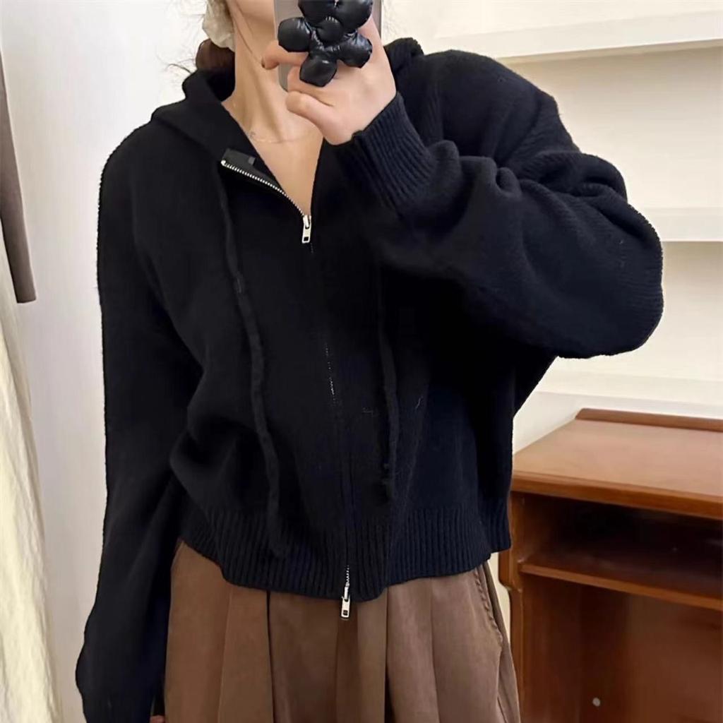 Knitted Hooded Double Zipper Short Cardigan Small Sweater Women's Spring and Autumn Temperament Simple Lazy Wind Sweater Jacket