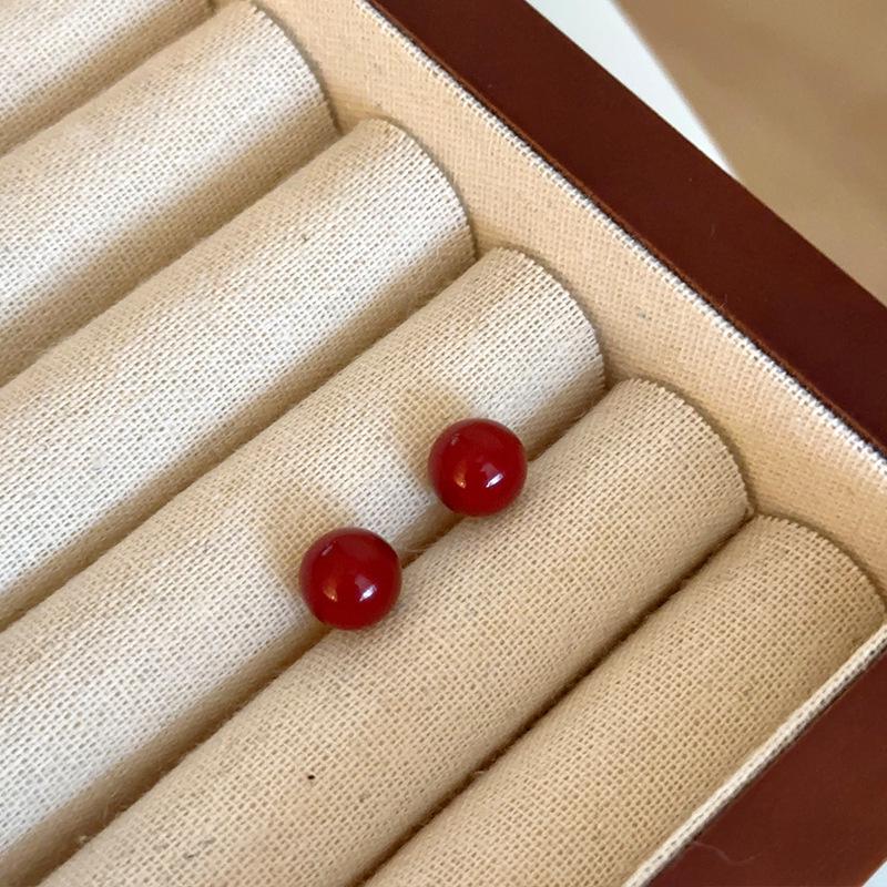 Autumn/Winter Wine Red Bead Earrings: 925 Silver, Festive French Retro Style