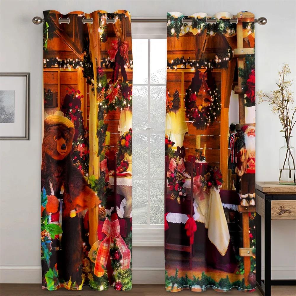 3D-Vorhänge mit lustigem Frohes Neues Jahr, Weihnachten, Weihnachtsmann, Schnee, Kamin, 2 Stück, dünne schattige Fenstervorhänge für Wohnzimmer, Schlafzimmer, Dekoration
