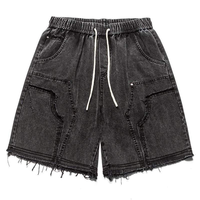 

Модные летние джинсовые шорты мужские эластичная талия повседневные шорты M(50kg-60kg) чёрный