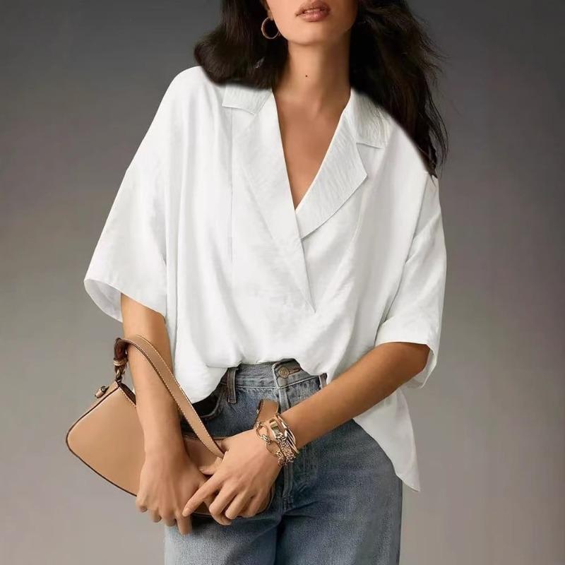 

Women s Summer Short Sleeved Lapel Casual Loose Top S білий