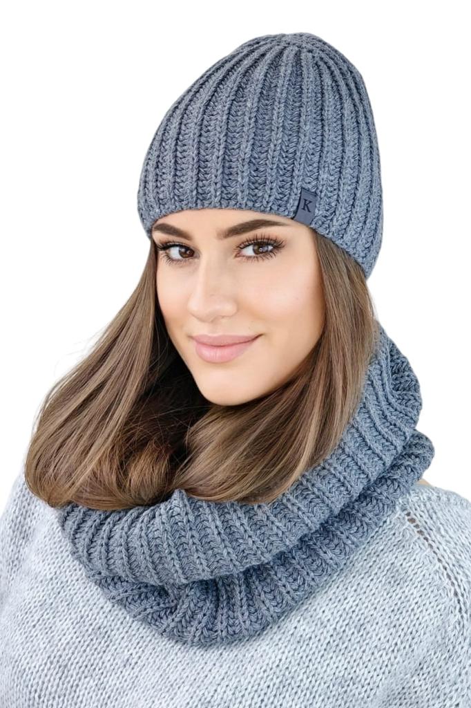 Chicory Winter Set Hat with Snood In Thick Stripes Graphite Color