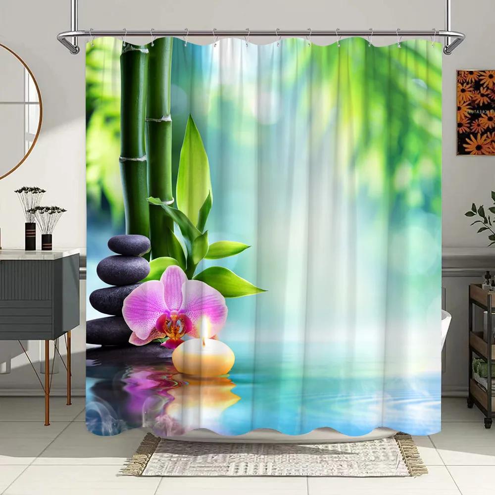 Green Bamboo Zen Stone Shower Curtains Lotus Flowing Water Zen Landscape Shower Curtain Home Bathroom Decoration Set with Hooks