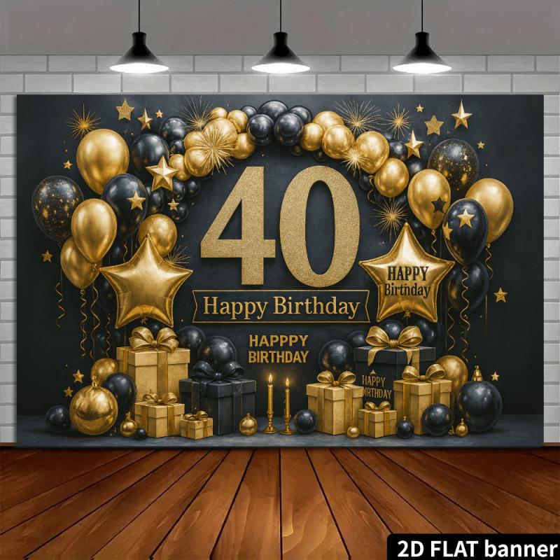 2D-Ebene Premium Schwarz und Gold 40. Geburtstag Hintergrundbanner mit glänzenden goldenen Zahlen + Geburtstagsdekorationen