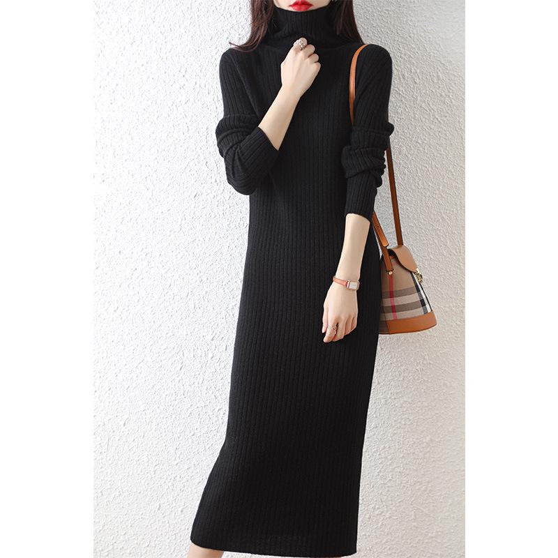 2022 Women’s High-Neck Ribbed Wool Knit Dress - Slimming Over-the-Knee Base Layer
